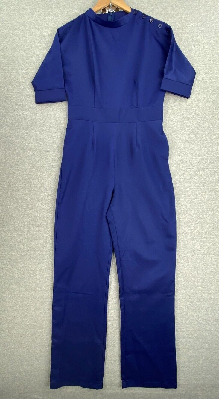 Kivenst Jumpsuit Womens XLarge Blue Mock Collar Shoulder Button Details Back Zip
